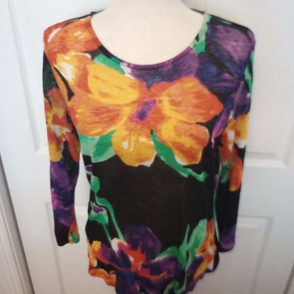 Ralph Lauren Bold Fall Floral Long Sleeve Top sz 14 Petite Stretch Linen Silk - Picture 2 of 6